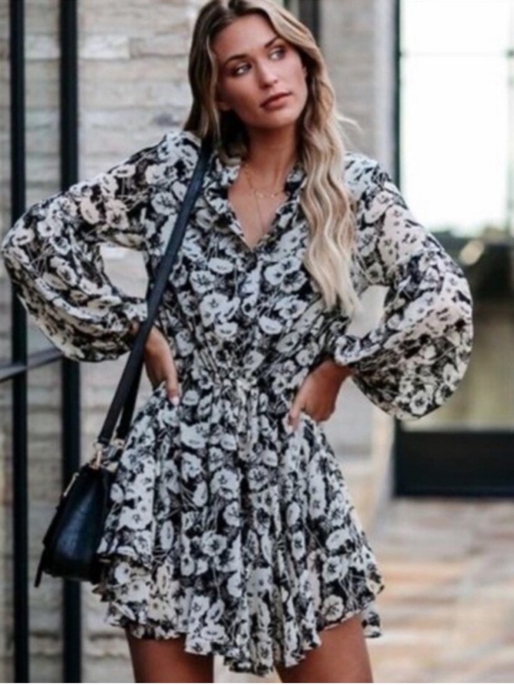Vici Black & Ivory Floral Ruffle Mini Dress with Adjustable Balloon Sleeves NWOT
